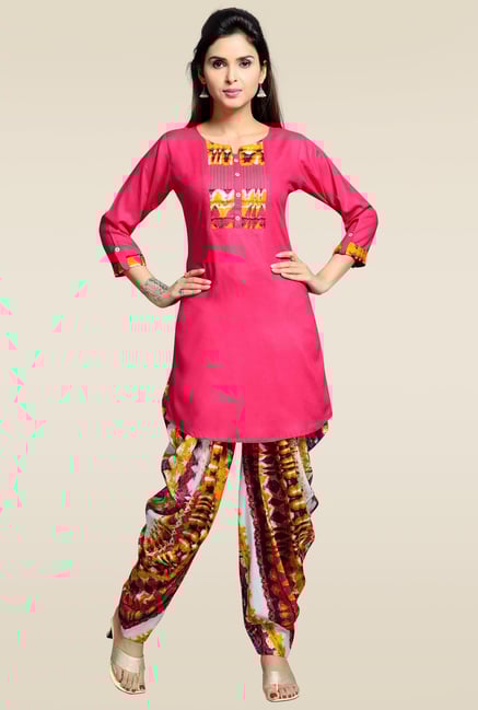 Zola Pink Round Neck Rayon Kurta with Patiyala Zola Pink Round Neck Rayon Kurta with Patiyala