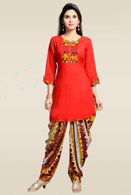Zola Red Rayon Kurta with Multicolor Patiyala Zola Red Rayon Kurta with Multicolor Patiyala