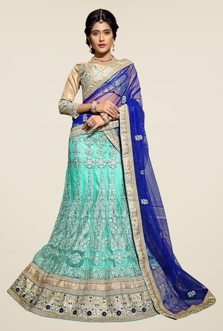 Aasvaa Beige & Turquoise Embroidered Lehenga Choli Set Aasvaa Beige & Turquoise Embroidered Lehenga Choli Set