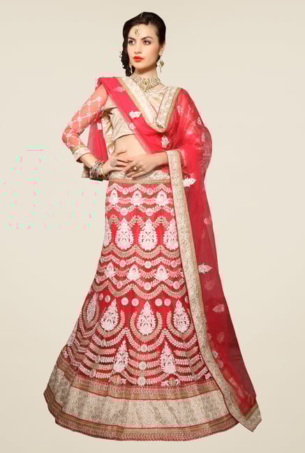 Aasvaa Beige & Red Embroidered Lehenga Choli Set Aasvaa Beige & Red Embroidered Lehenga Choli Set