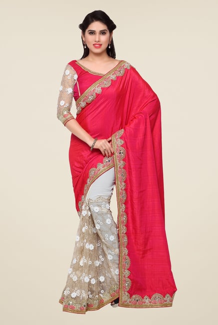 Triveni Beige & Red Embroidered Art Silk Lycra Saree Triveni Beige & Red Embroidered Art Silk Lycra Saree