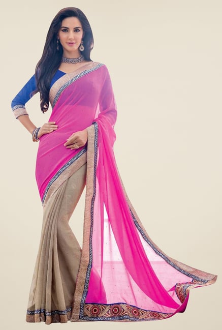 Triveni Beige & Pink Self Print Chiffon Brasso Saree Triveni Beige & Pink Self Print Chiffon Brasso Saree