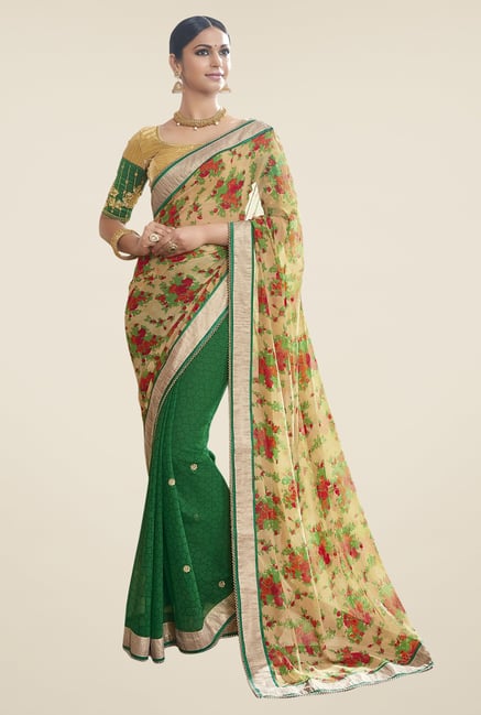 Triveni Green & Beige Printed Chiffon Faux Georgette Saree Triveni Green & Beige Printed Chiffon Faux Georgette Saree