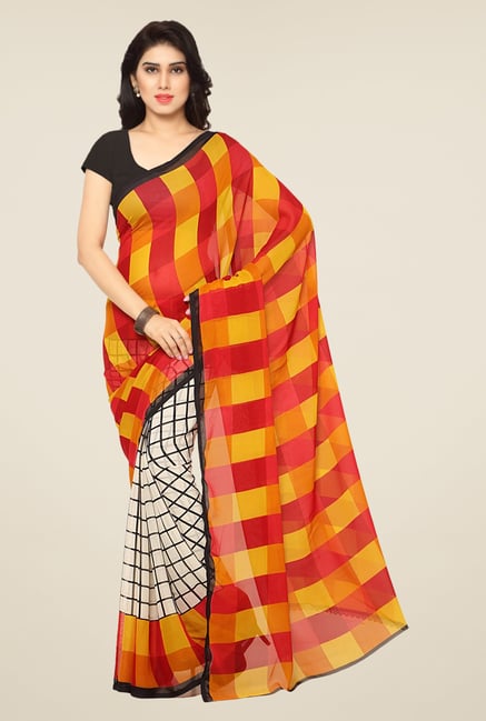 Triveni Yellow & Red Checks Art Silk Saree Triveni Yellow & Red Checks Art Silk Saree