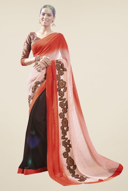 Triveni Brown & Orange Chiffon Faux Georgette Saree Triveni Brown & Orange Chiffon Faux Georgette Saree