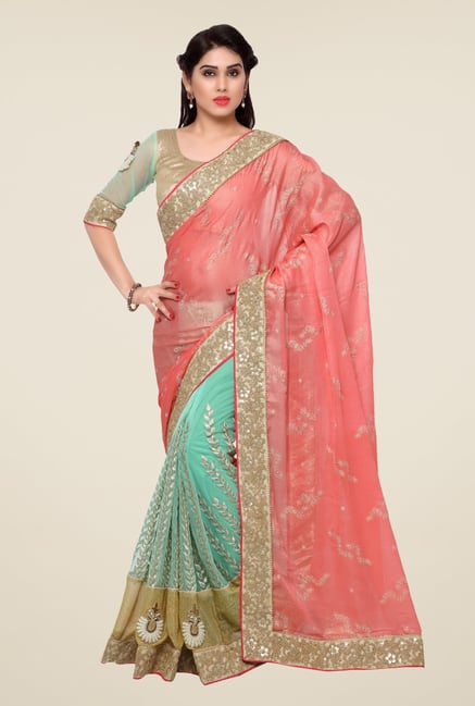 Triveni Green & Peach Embroidered Chiffon Net Saree Triveni Green & Peach Embroidered Chiffon Net Saree