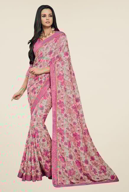 Triveni Pink Floral Print Art Silk Saree Triveni Pink Floral Print Art Silk Saree