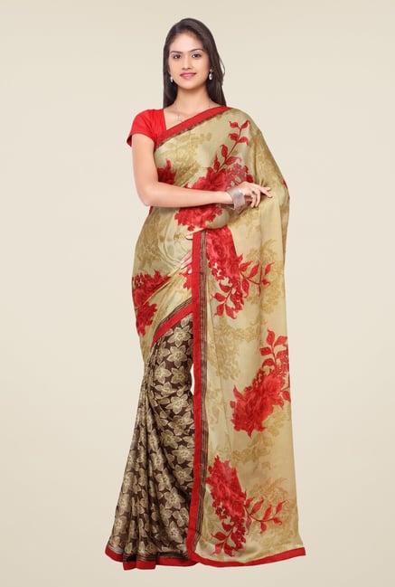 Triveni Brown & Beige Floral Print Chiffon Satin Saree Triveni Brown & Beige Floral Print Chiffon Satin Saree