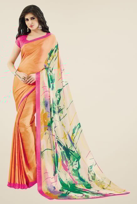 Triveni Orange Printed Crape Saree Triveni Orange Printed Crape Saree