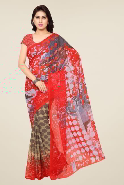 Triveni Red & Beige Printed Faux Georgette Saree Triveni Red & Beige Printed Faux Georgette Saree
