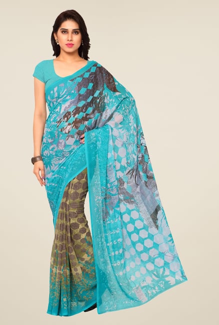Triveni Blue & Beige Printed Faux Georgette Saree Triveni Blue & Beige Printed Faux Georgette Saree