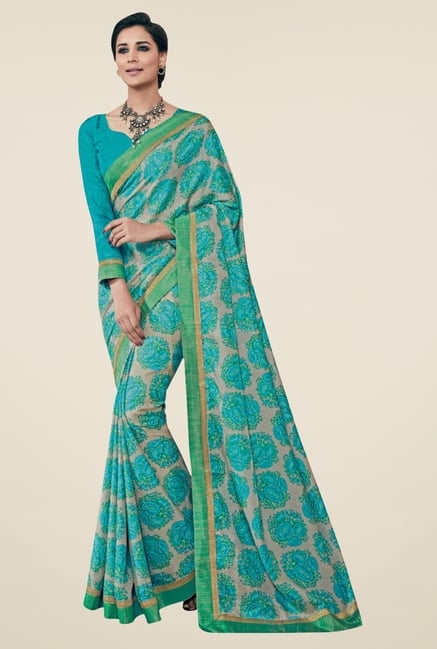 Triveni Beige & Blue Floral Print Art Silk Saree Triveni Beige & Blue Floral Print Art Silk Saree