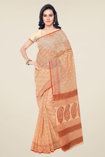 Triveni Beige & Orange Printed Blended Cotton Saree Triveni Beige & Orange Printed Blended Cotton Saree