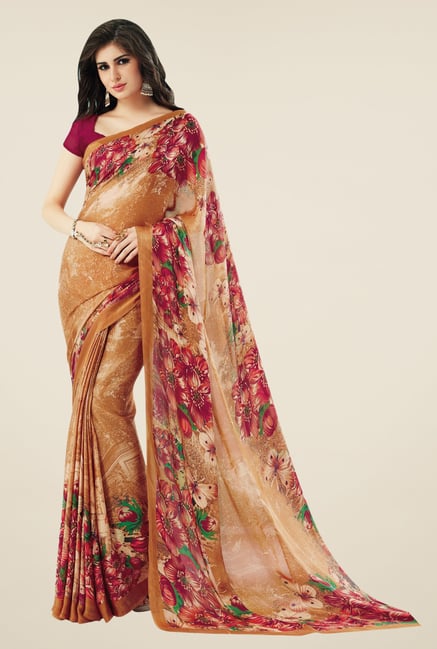 Triveni Brown Printed Crape Saree Triveni Brown Printed Crape Saree