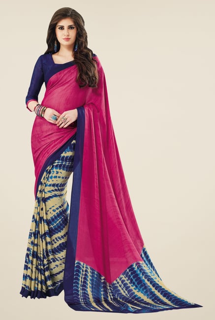 Triveni Beige & Pink Printed Crape Saree Triveni Beige & Pink Printed Crape Saree