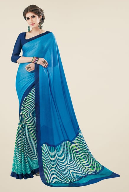 Triveni Blue Printed Crape Saree Triveni Blue Printed Crape Saree