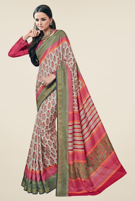 Triveni Beige & Pink Floral Print Art Silk Saree Triveni Beige & Pink Floral Print Art Silk Saree