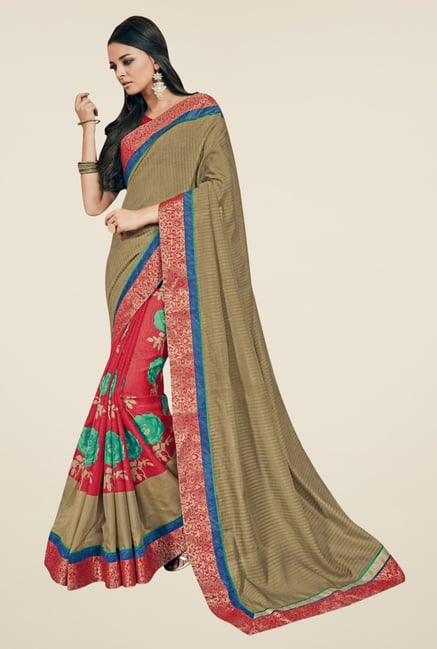 Triveni Red & Beige Floral Print Art Silk Saree Triveni Red & Beige Floral Print Art Silk Saree