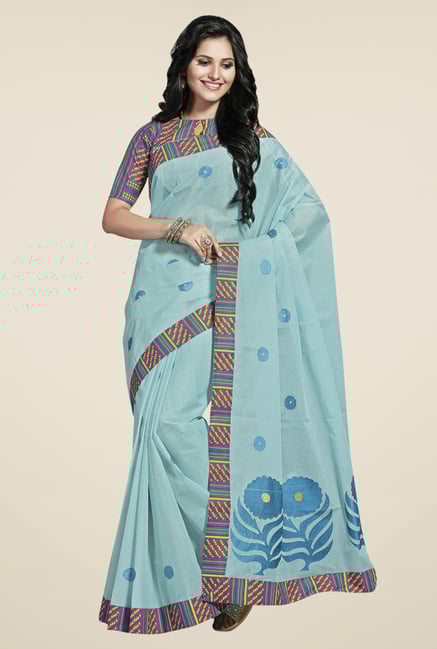 Triveni Blue Embroidered Blended Cotton Saree Triveni Blue Embroidered Blended Cotton Saree