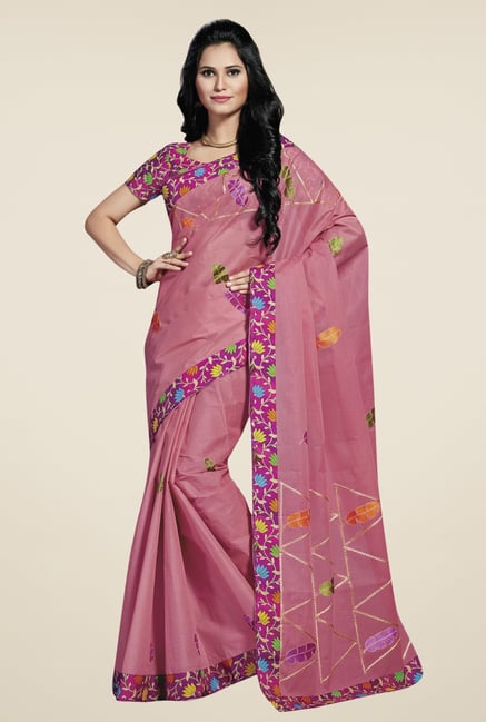 Triveni Pink Embroidered Blended Cotton Saree Triveni Pink Embroidered Blended Cotton Saree