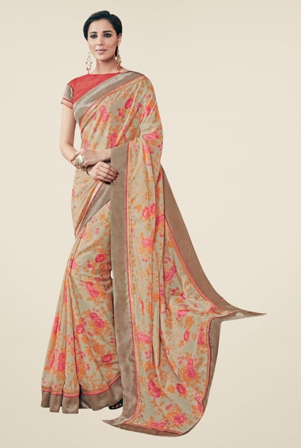 Triveni Beige Floral Print Art Silk Saree Triveni Beige Floral Print Art Silk Saree