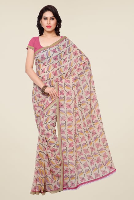Triveni Beige & Pink Printed Art Silk Saree Triveni Beige & Pink Printed Art Silk Saree