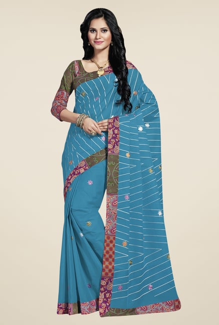 Triveni Blue Embroidered Blended Cotton Saree Triveni Blue Embroidered Blended Cotton Saree