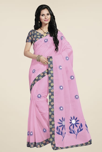 Triveni Pink Embroidered Blended Cotton Saree Triveni Pink Embroidered Blended Cotton Saree
