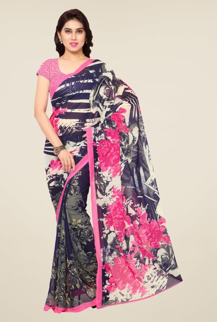 Triveni Navy & Pink Floral Print Faux Georgette Saree Triveni Navy & Pink Floral Print Faux Georgette Saree