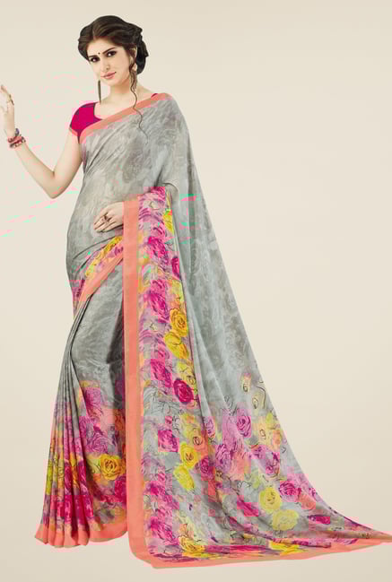 Triveni Grey Floral Print Crape Saree Triveni Grey Floral Print Crape Saree