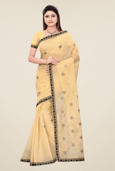 Triveni Beige & Black Embroidered Blended Cotton Saree Triveni Beige & Black Embroidered Blended Cotton Saree