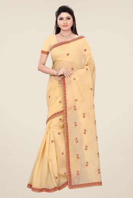 Triveni Beige & Red Embroidered Blended Cotton Saree Triveni Beige & Red Embroidered Blended Cotton Saree