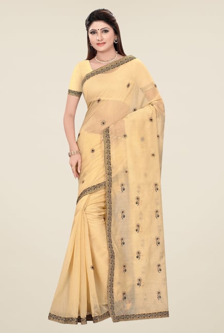Triveni Beige & Black Embroidered Blended Cotton Saree Triveni Beige & Black Embroidered Blended Cotton Saree