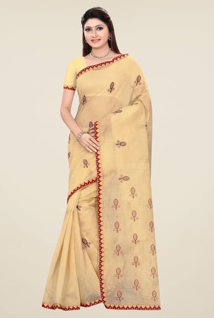Triveni Beige & Red Embroidered Blended Cotton Saree Triveni Beige & Red Embroidered Blended Cotton Saree