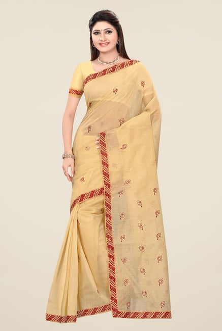 Triveni Beige & Red Embroidered Blended Cotton Saree Triveni Beige & Red Embroidered Blended Cotton Saree