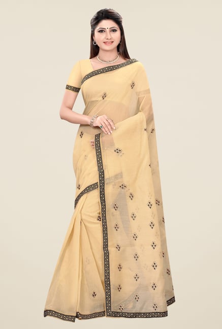 Triveni Beige & Black Embroidered Blended Cotton Saree Triveni Beige & Black Embroidered Blended Cotton Saree
