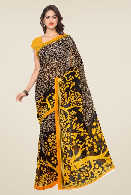Triveni Yellow & Black Printed Faux Georgette Saree Triveni Yellow & Black Printed Faux Georgette Saree