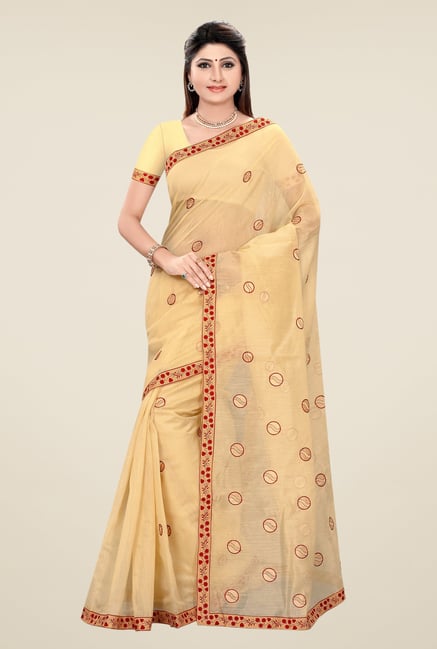 Triveni Beige & Red Embroidered Blended Cotton Saree Triveni Beige & Red Embroidered Blended Cotton Saree