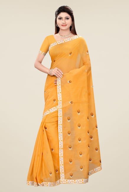 Triveni Yellow Embroidered Blended Cotton Saree Triveni Yellow Embroidered Blended Cotton Saree
