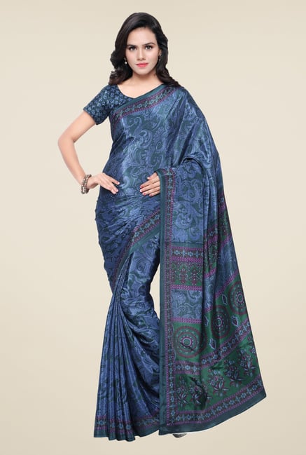 Triveni Blue Printed Crape Saree Triveni Blue Printed Crape Saree
