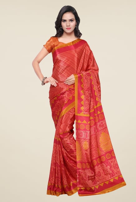 Triveni Red Printed Crape Saree Triveni Red Printed Crape Saree