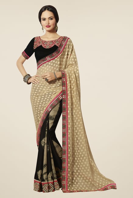 Triveni Black & Beige Brasso Chiffon Crape Jacquard Saree Triveni Black & Beige Brasso Chiffon Crape Jacquard Saree