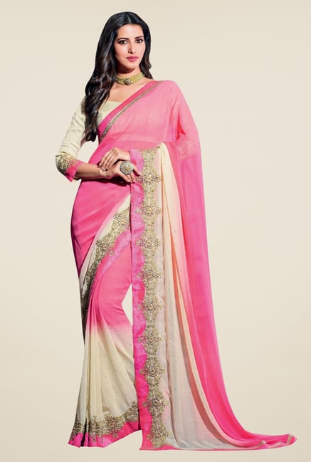 Triveni Pink & Beige Embroidered Chiffon Saree Triveni Pink & Beige Embroidered Chiffon Saree