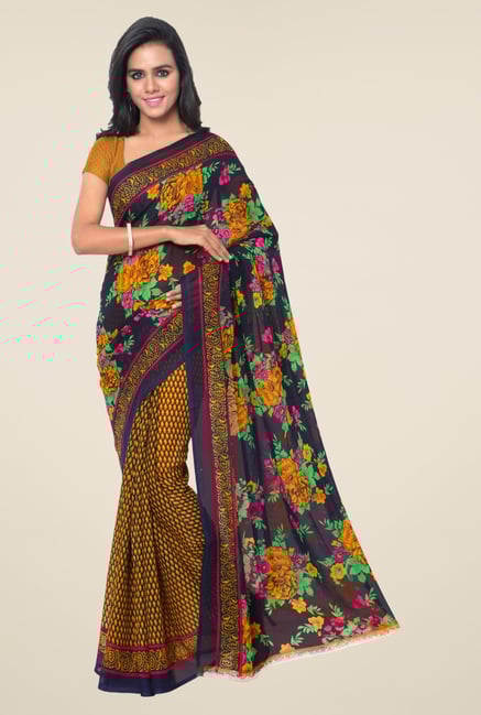 Triveni Yellow & Navy Printed Faux Georgette Saree Triveni Yellow & Navy Printed Faux Georgette Saree