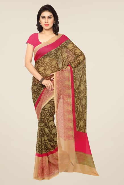 Triveni Olive Floral Print Art Silk Saree Triveni Olive Floral Print Art Silk Saree