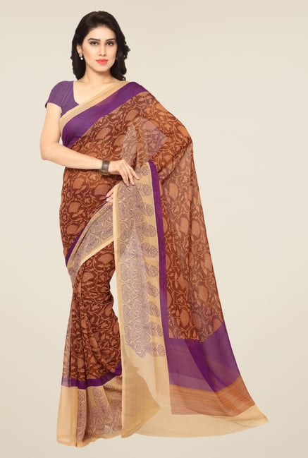 Triveni Brown Floral Print Art Silk Saree Triveni Brown Floral Print Art Silk Saree