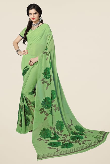 Triveni Green Floral Print Chiffon Saree Triveni Green Floral Print Chiffon Saree