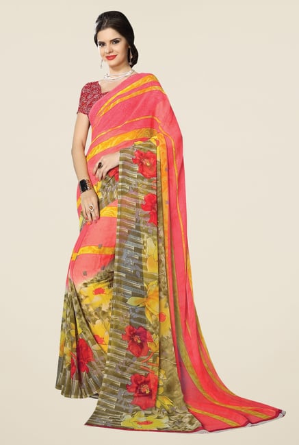 Triveni Peach Floral Print Chiffon Saree Triveni Peach Floral Print Chiffon Saree