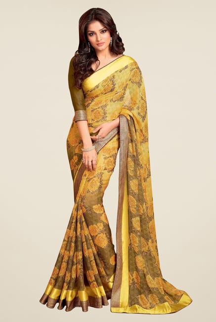 Triveni Mustard Floral Print Chiffon Brasso Saree Triveni Mustard Floral Print Chiffon Brasso Saree