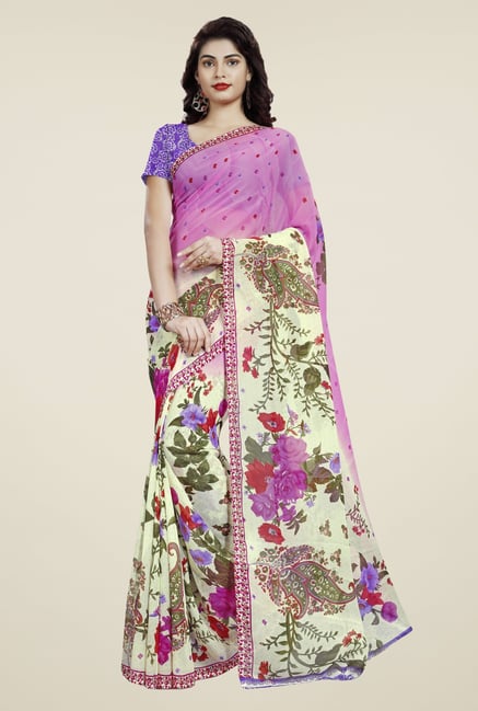 Triveni Cream & Pink Printed Faux Georgette Saree Triveni Cream & Pink Printed Faux Georgette Saree